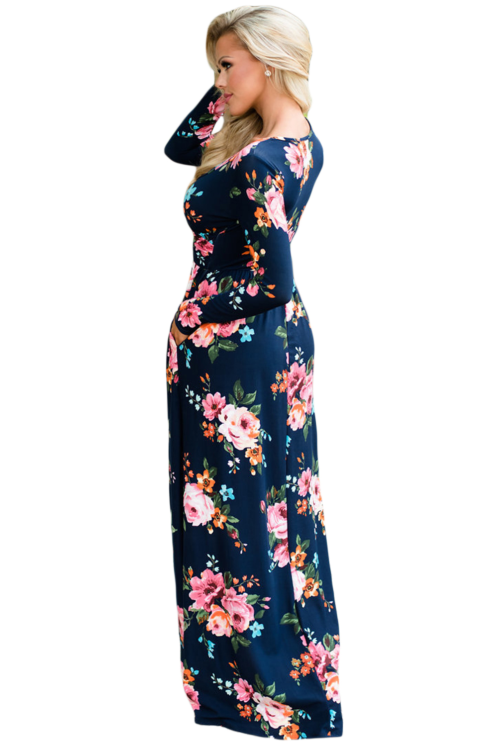 BY61772-5 Navy Floral Surplice Long Sleeve Maxi Boho Dress